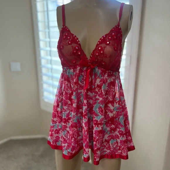 Red Floral Babydoll Sheer Adjustable Strap Slip Nineteen Sexy Sleep Dress Medium - Picture 2 of 11